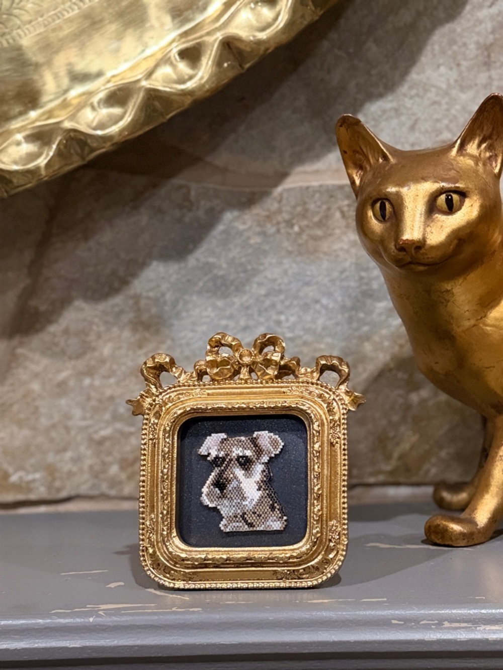 Framed Schnauzer Beaded Art – Ornate Gold Mini Dog Portrait - Picture 6 of 9